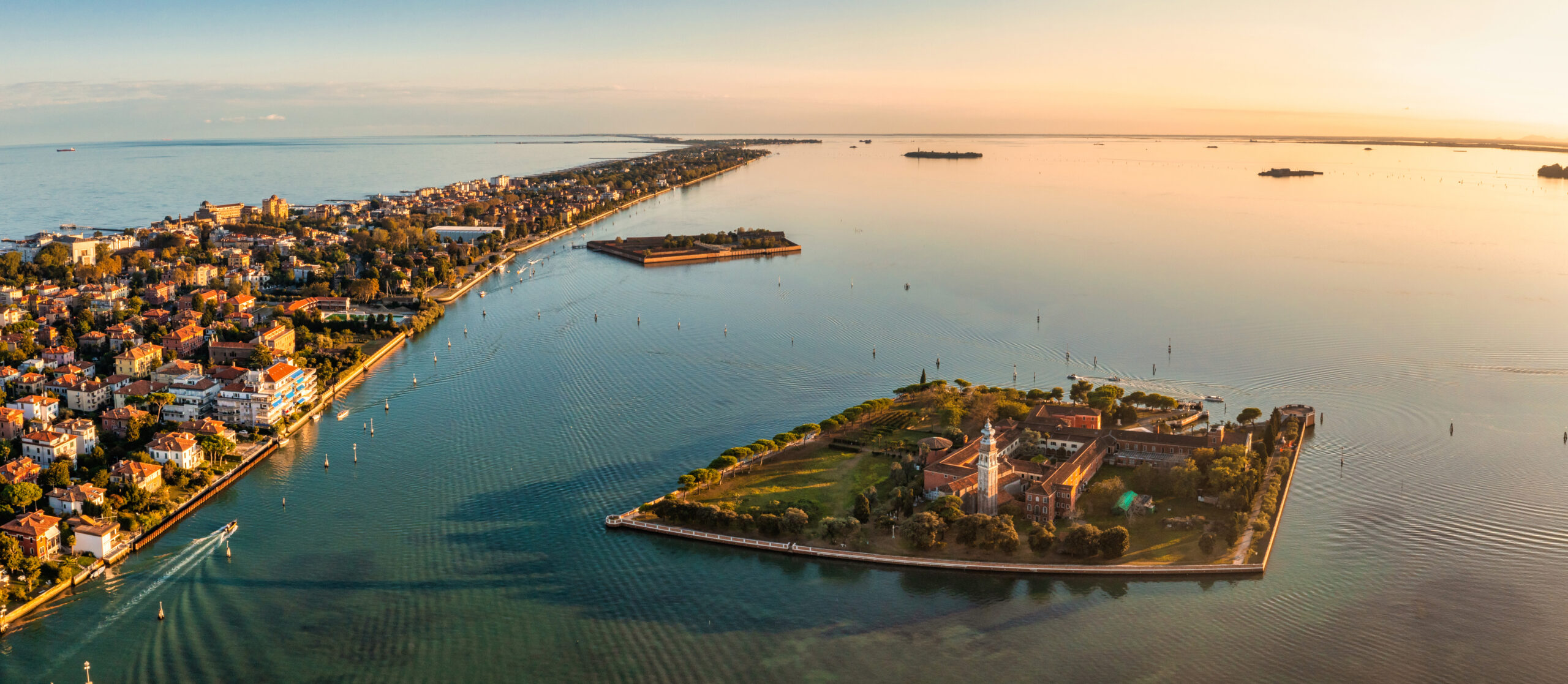 Aerial view of the Lido de Venezia island in Venice, Italy.